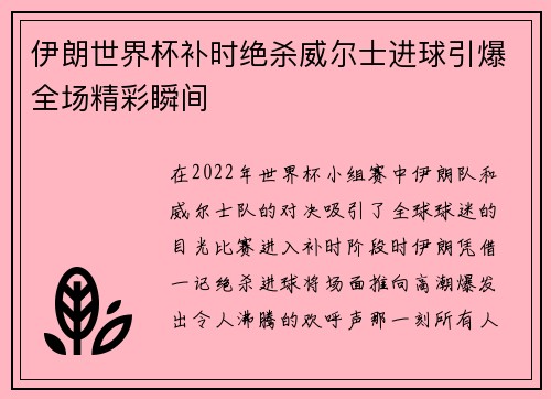 伊朗世界杯补时绝杀威尔士进球引爆全场精彩瞬间 伊朗世界杯补时绝杀威尔士进球引爆全场精彩瞬间
