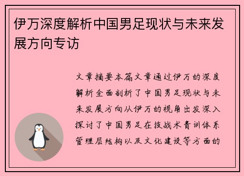 伊万深度解析中国男足现状与未来发展方向专访 伊万深度解析中国男足现状与未来发展方向专访