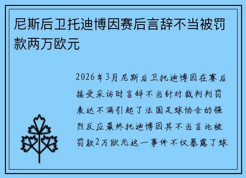 尼斯后卫托迪博因赛后言辞不当被罚款两万欧元